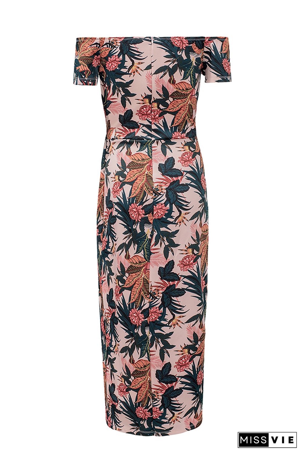 Pink Pattern Print Off Shoulder Slit Bodycon Midi Dress