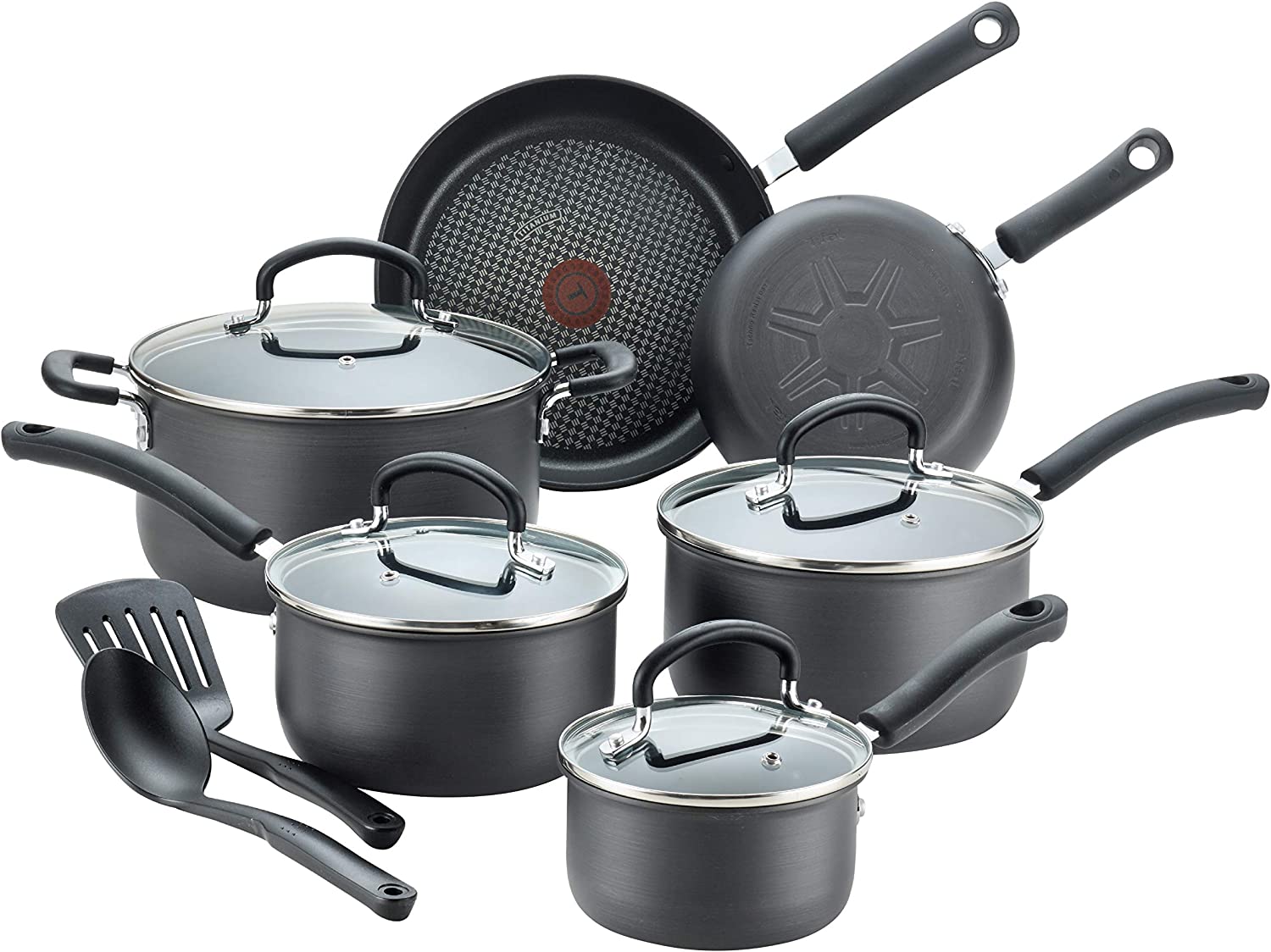 T-fal Ultimate Hard Anodized Nonstick 12 Piece Cookware Set， Dishwasher Safe Pots and Pans Set， Black