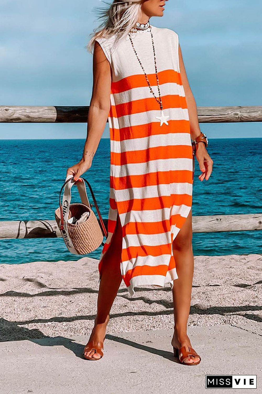 Orange Striped Sleeveless Jersey Dress