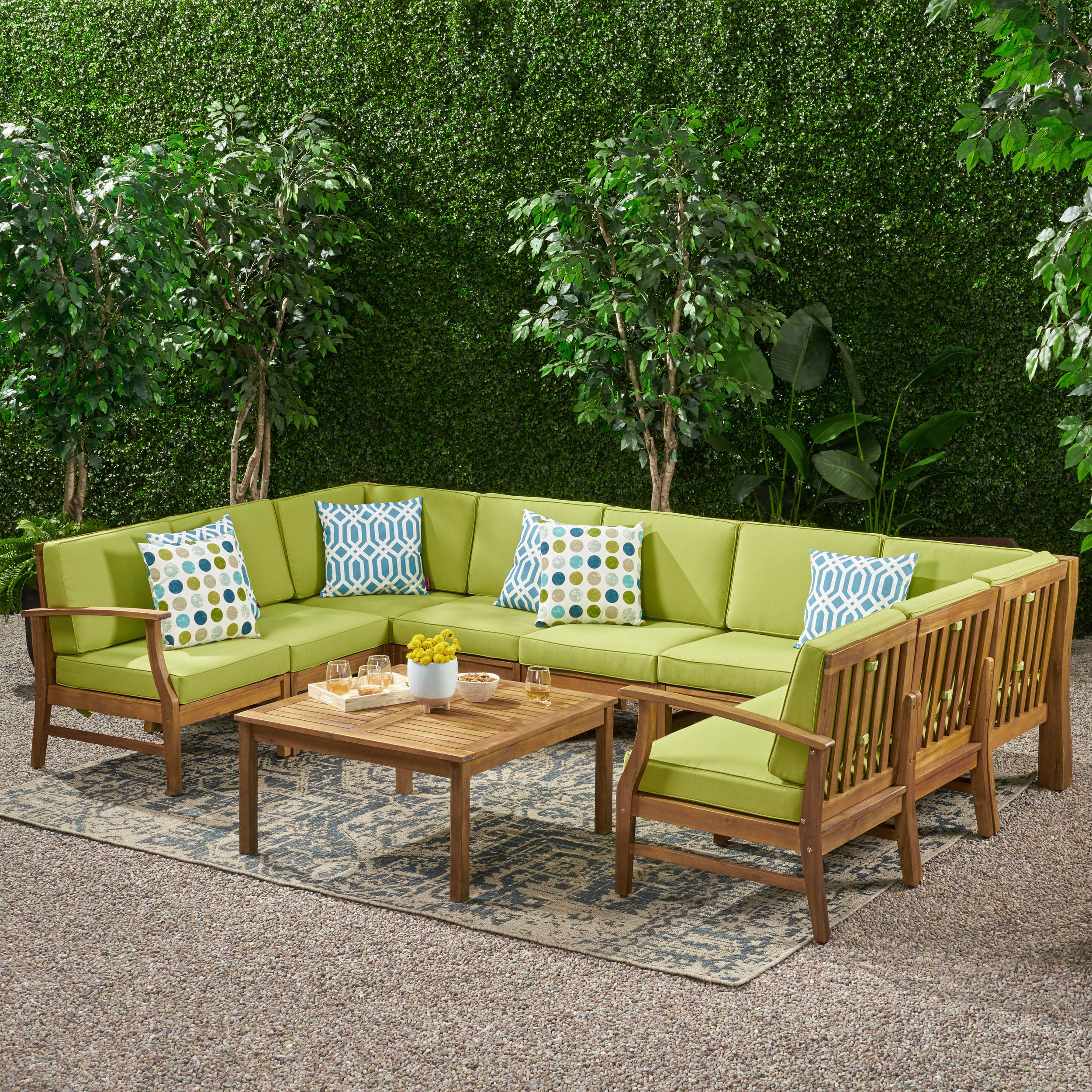 Judith Outdoor 9 Seater Acacia Wood Sectional Sofa Set with Cushions