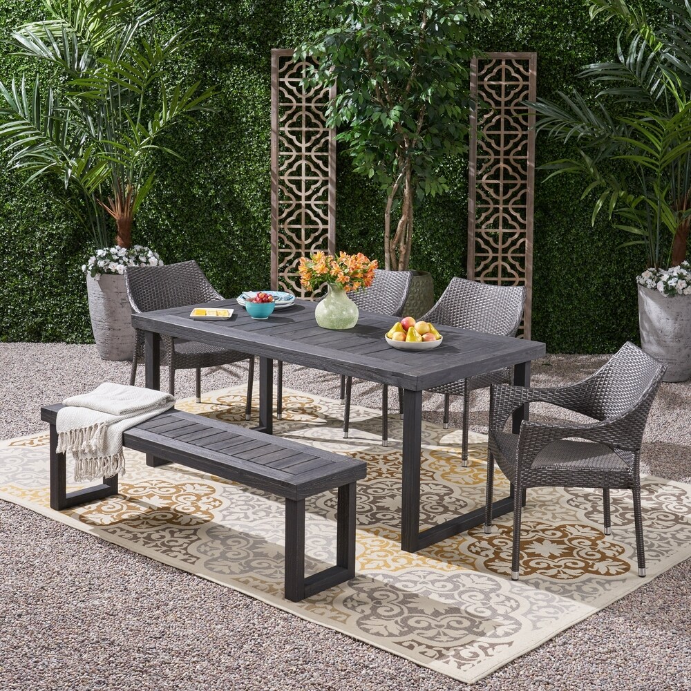 Lecanto Outdoor Aluminum Dining Set with Wicker Chairs and Bench by Christopher Knight Home