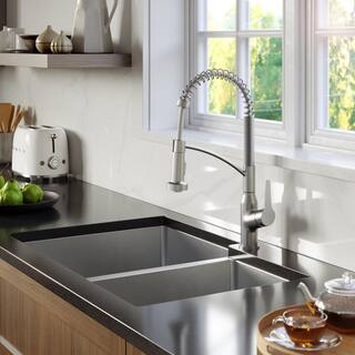 Karran 16-Gauge Stainless Steel 33 in. Double Bowl Undermount Kitchen Sink with Grid and Basket Strainer EL-78R-PK1