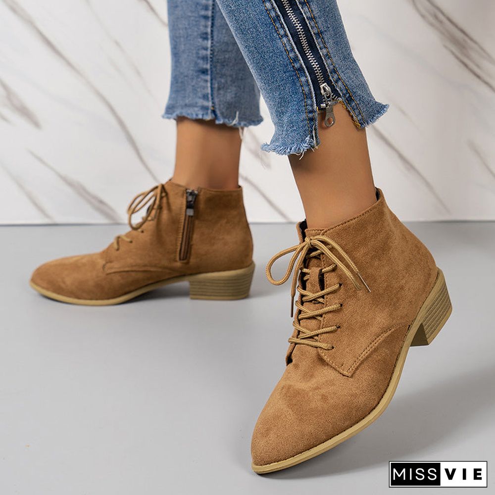 Versatile Lace-up Flat Chunky Heel Short Boots