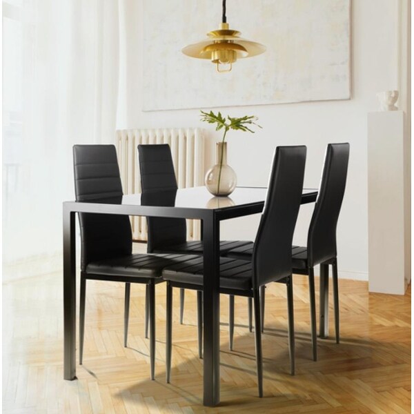 4 Faux Black Leather Chairs in Tempered Glass Dining Table