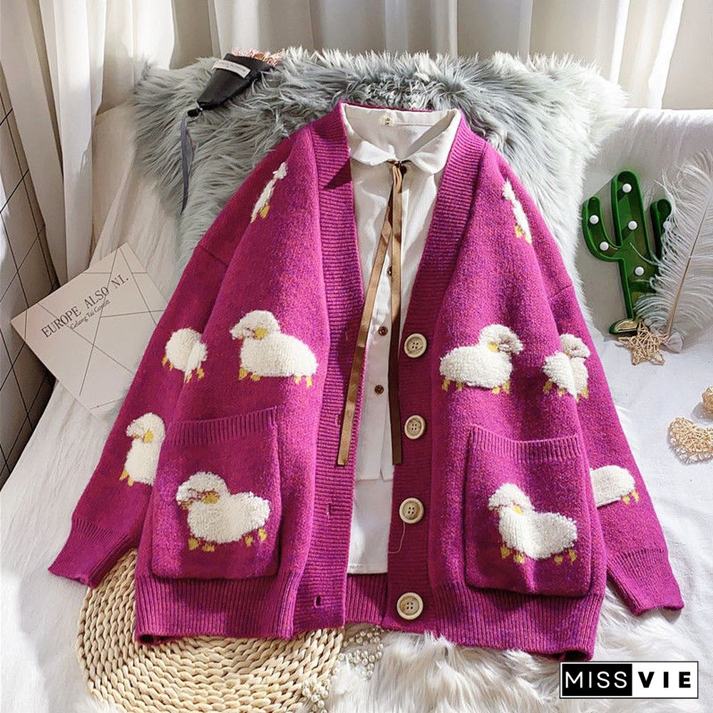 Kawaii Sheep Print Oversize Sweater Cardigan Women Cute Blue Korean Style V-Neck Long Sleeve Jumper Loose Pink Coat