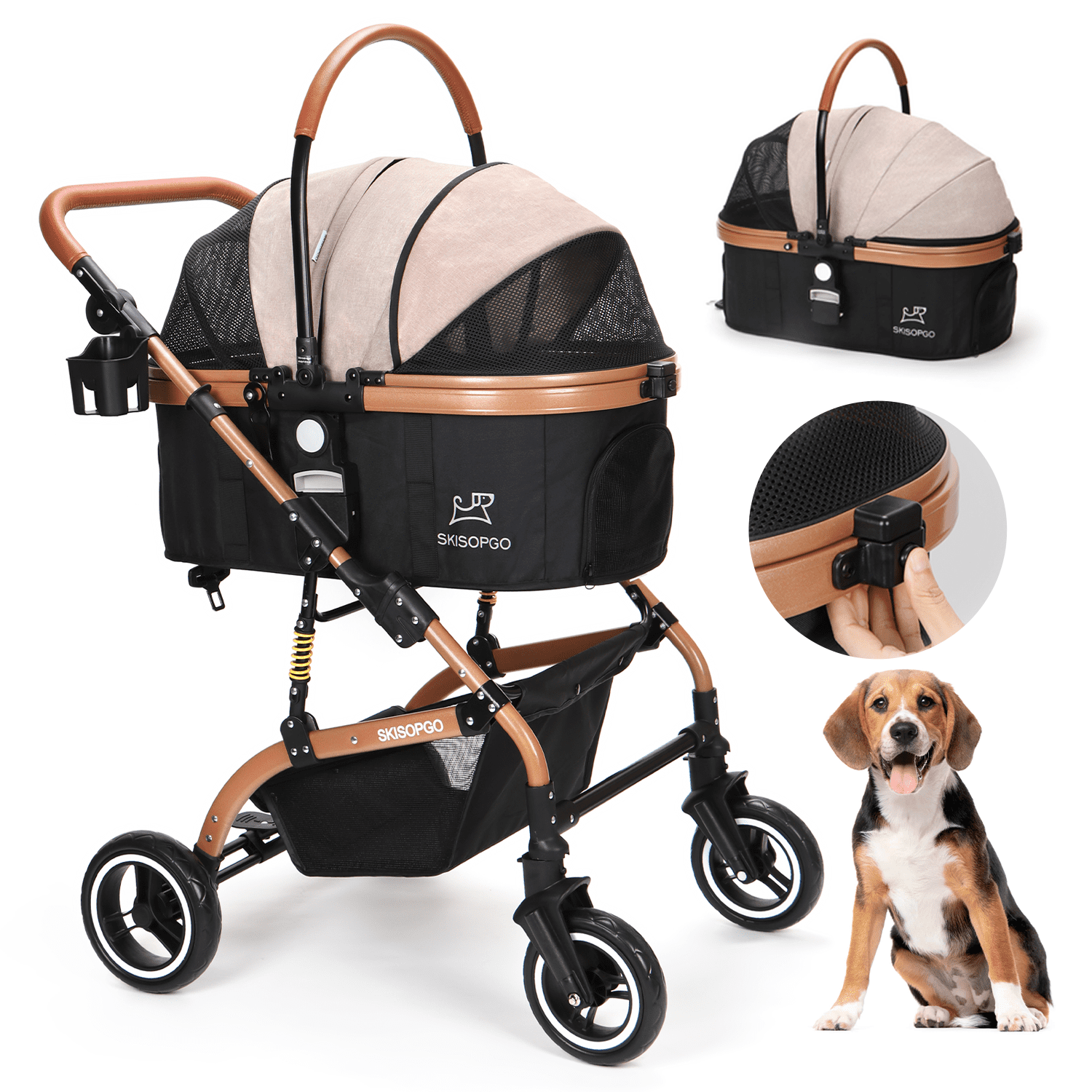 SKISOPGO 3-in-1 Pet Strollers for Small Medium Dogs Cat with Detachable Carrier Foldable Travel Pet Gear Stroller(Khaki)