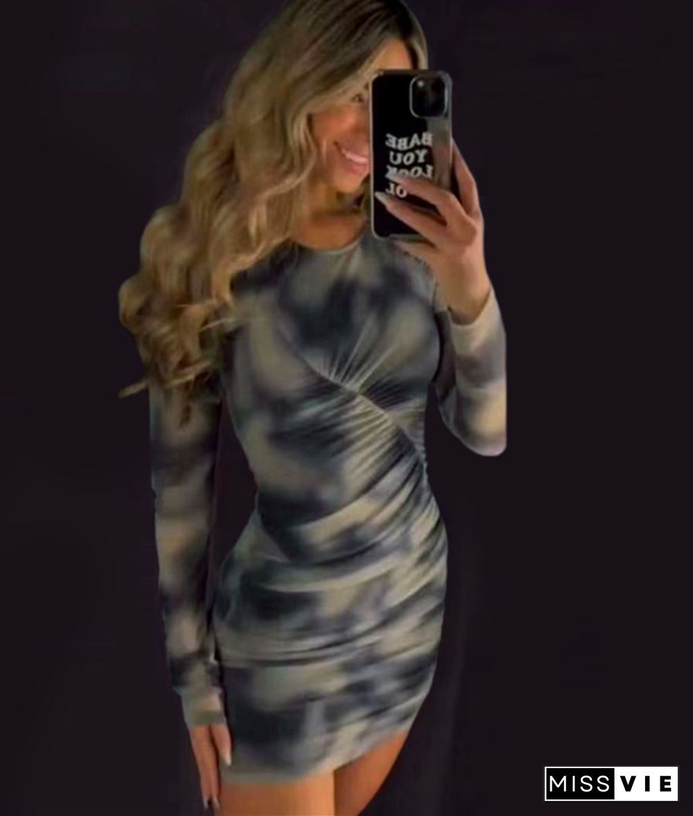 Tie Dye Print Long Sleeve Ruched Bodycon Dresses