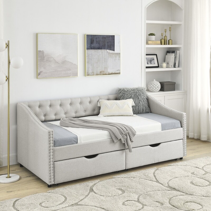 Twin Size Upholstered Tufted Sofa Bed Daybed with 2 Drawers