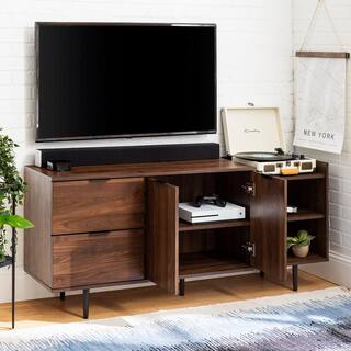 Welwick Designs 58 in. Dark Walnut Wood TV Stand with 2 Drawer Fits TVs Up to 64 in. with Storage Doors HD8107