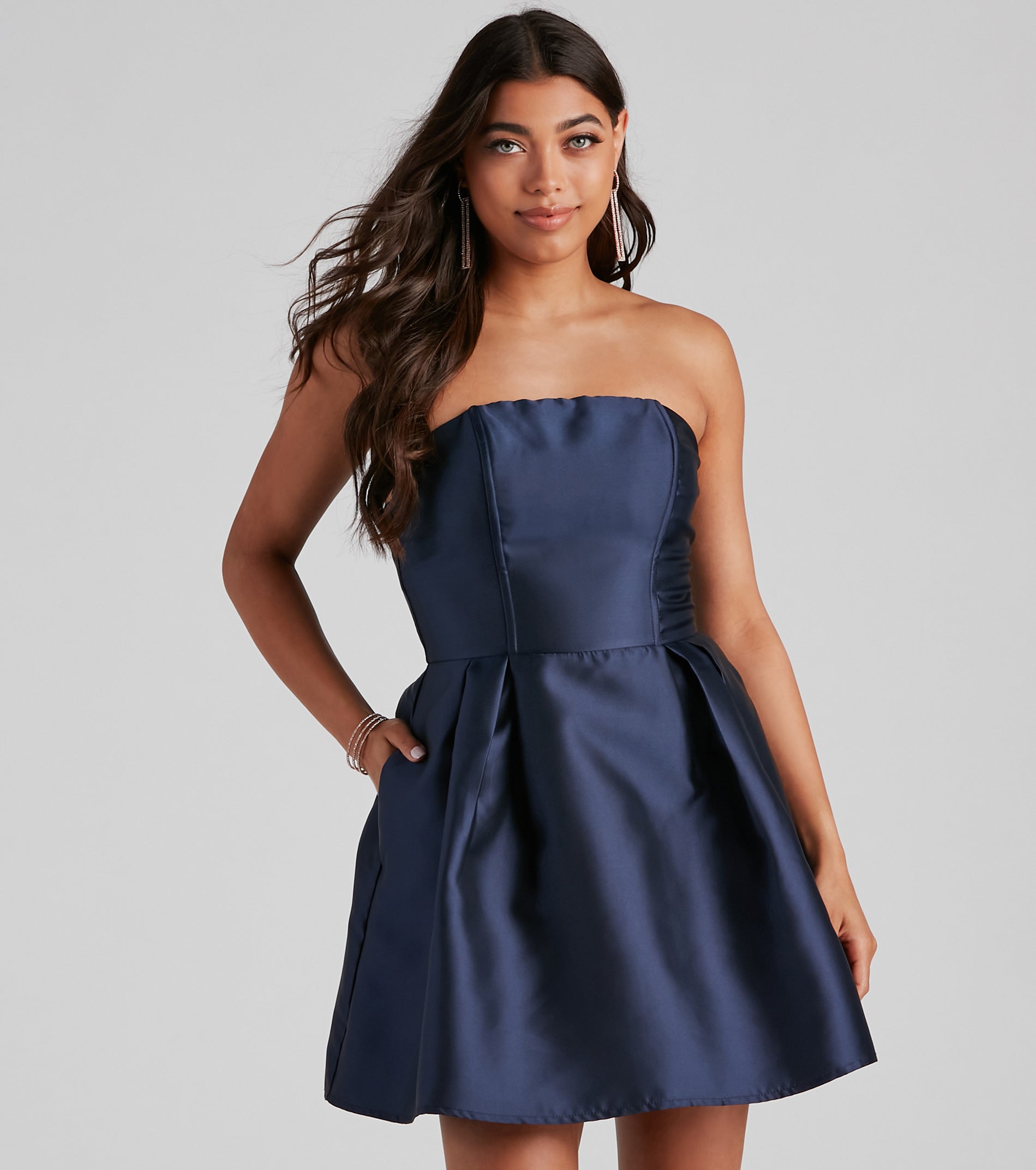 Hadley Strapless Pleated Satin Party Dress