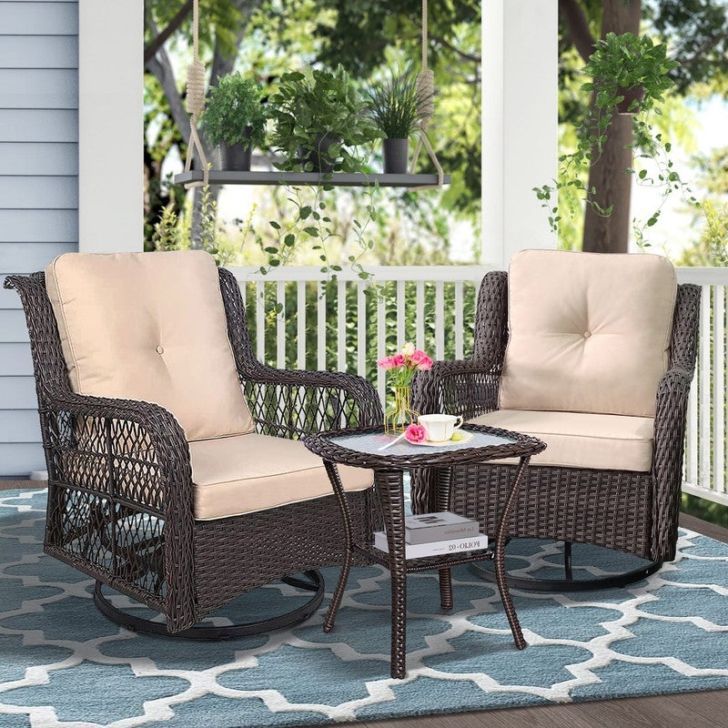 3-Pieces Conversation Set， Outdoor Wicker Rocker Swivel Patio Bistro Set， Rocking Chair with Glass Top Side Table for Garden - Overstock - 38006827