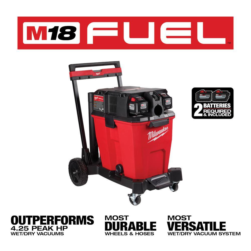 MW M18 FUEL 12 Gal. Cordless Dual-Battery WetDry Shop Vac Kit wAIR-TIP 1-14 in. - 2-12 in. Swiveling Palm Brush Tool 0930-22HD-49-90-2020