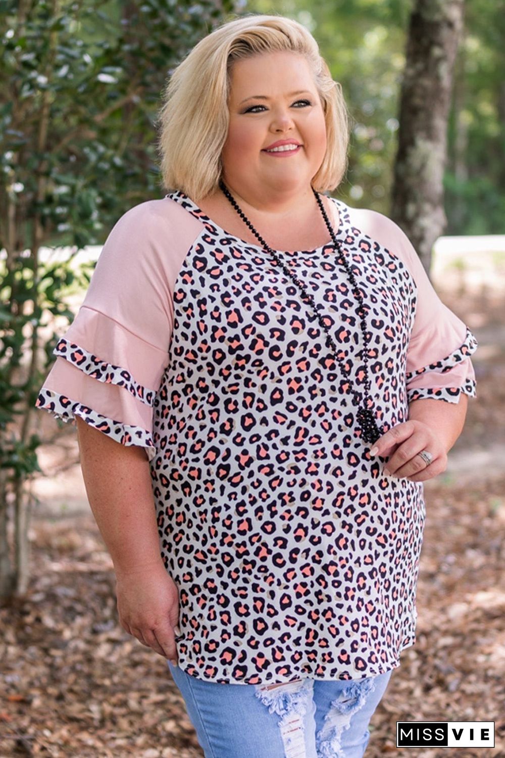 Pink Plus Size Ruffle Raglan Sleeve Leopard Top