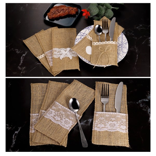 10Pcs Burlap Lace Utensil Holders Knife Fork Bag Cutlery Pouch for Wedding Decor - Light Brown