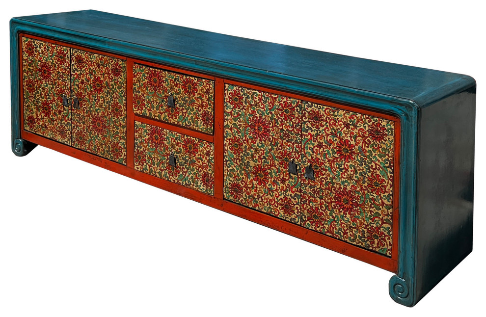 Chinese Tibetan Teal Blue Orange Floral Graphic Low TV Console Table Hcs7609   Asian   Entertainment Centers And Tv Stands   by Golden Lotus Antiques  Houzz