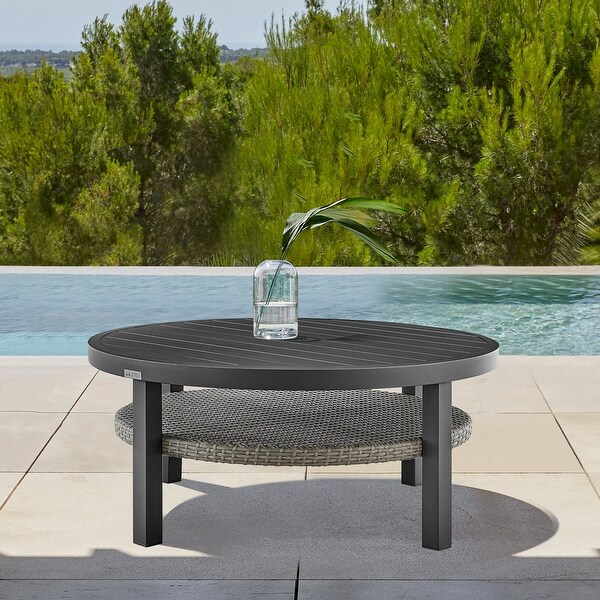 Aileen Grey Wicker Rattan and Black Aluminum Slat Top Round Outdoor Coffee Table