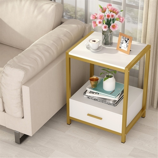 White and Gold Nightstand with Drawer and Storage Shelves