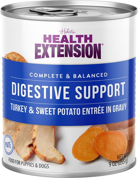 Health Extension Digestive Support Turkey and Sweet Potato Entrée in Gravy Dog Food， 9-oz can， case of 12