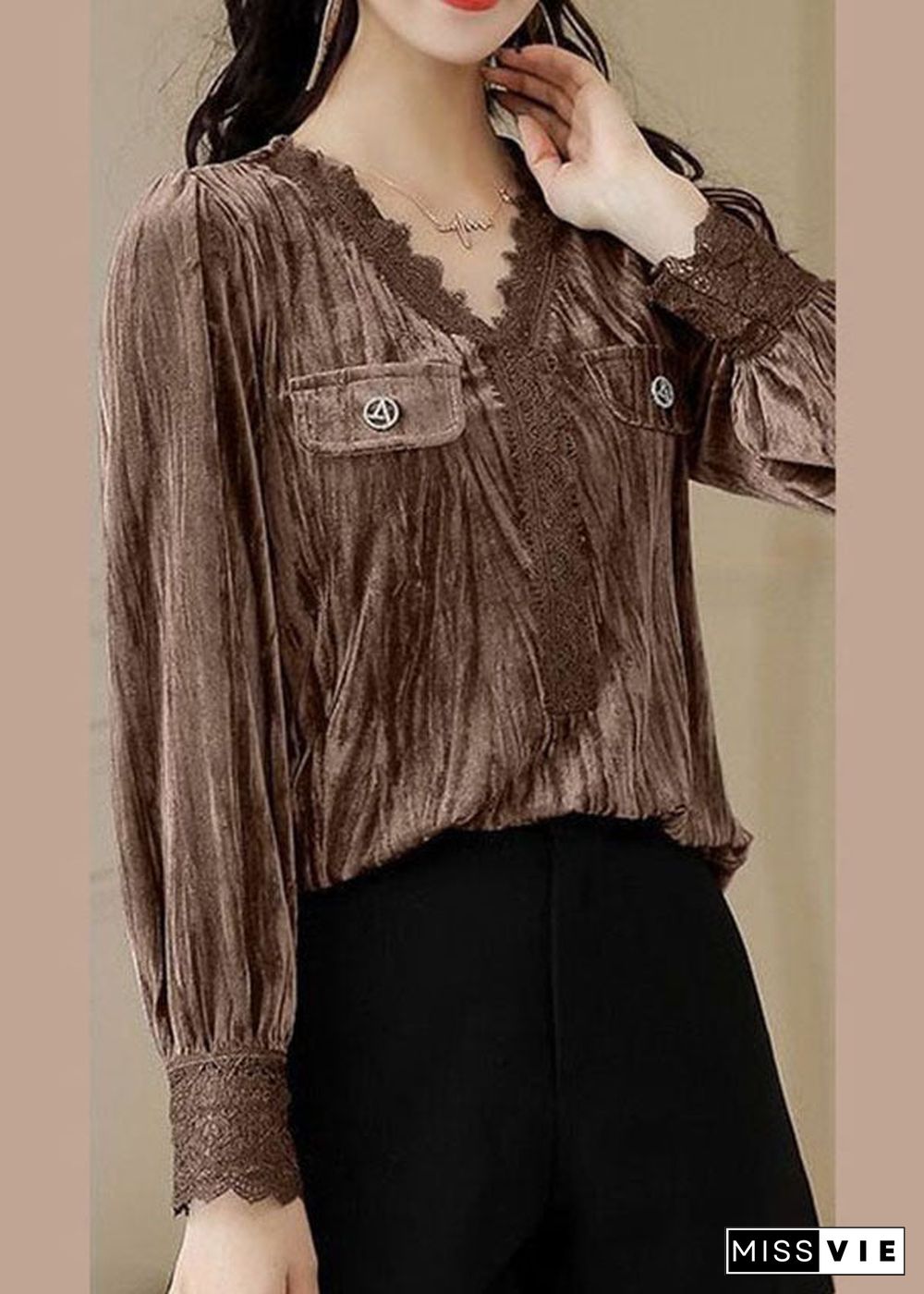 Stylish Caramel V Neck Patchwork Silk Velour Blouses Long Sleeve