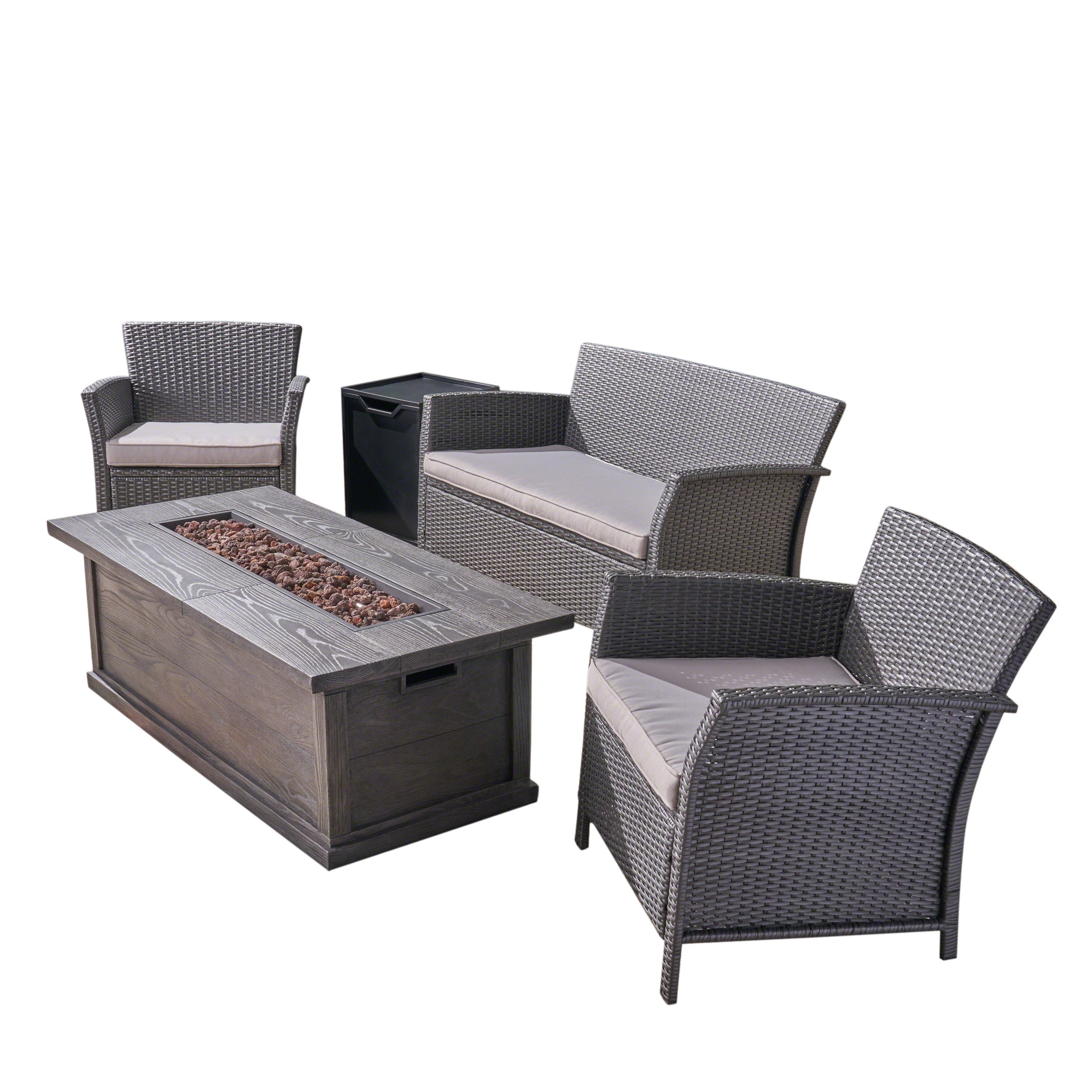 Laiah Outdoor 4 Seater Wicker Chat Set with Iron Fire Pit