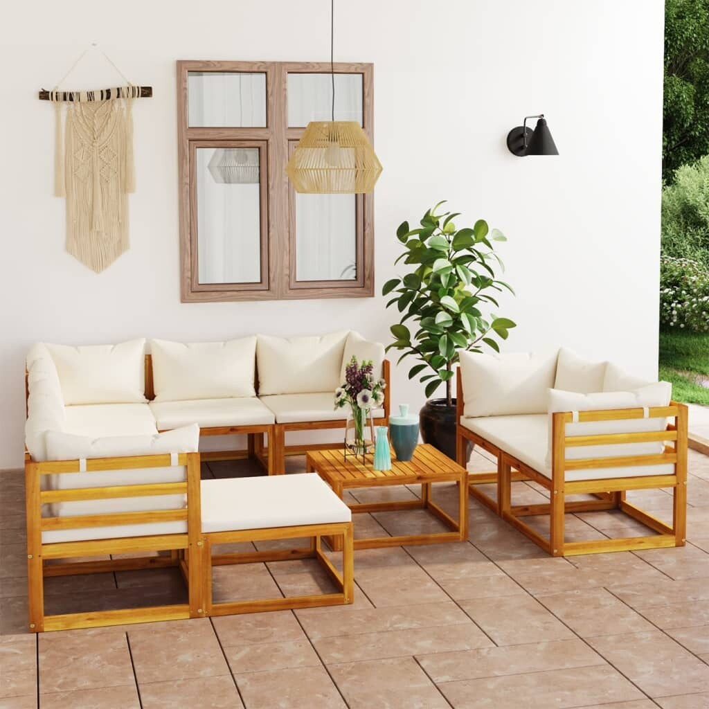 10 Piece Patio Lounge Set with Cushion Cream Solid Acacia Wood