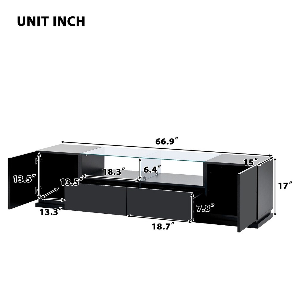 TV Stand with Tempered Glass  Modern High Gloss Entertainment Center for TVs Up to 70\