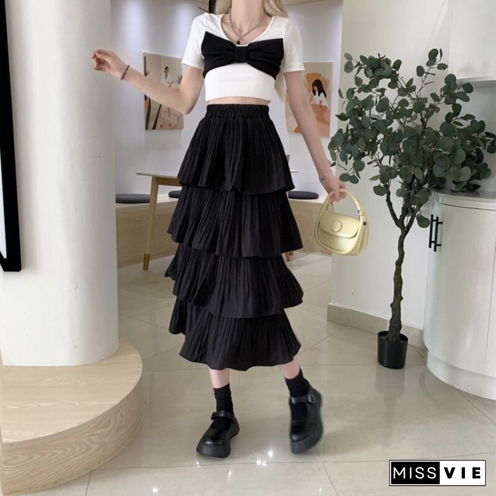 Korean Version Pleated Ruffled Black Skrit Women Summer New Half Body A-line High Waist Layered Cake Skirt Faldas Mujer