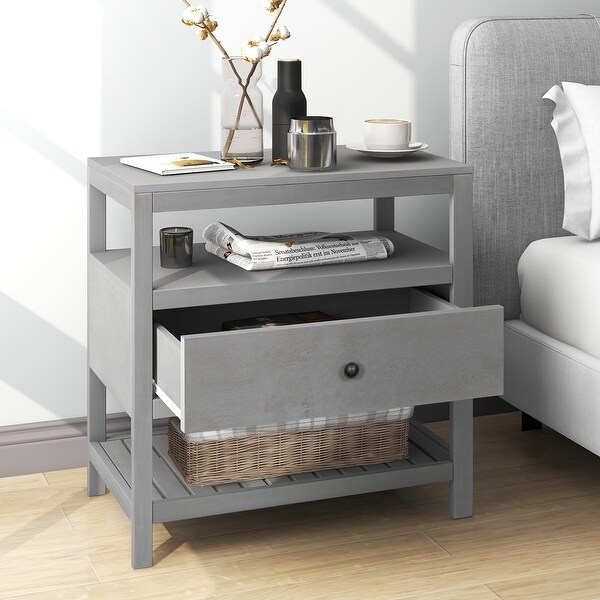 Wooden Nightstand with Drawer and Shelf Storage for Bedroom and Living Room - - 37915929