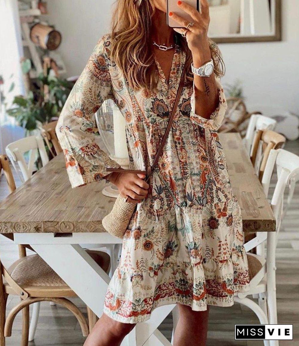 Retro Print V-Neck Long Sleeve Mini Dress