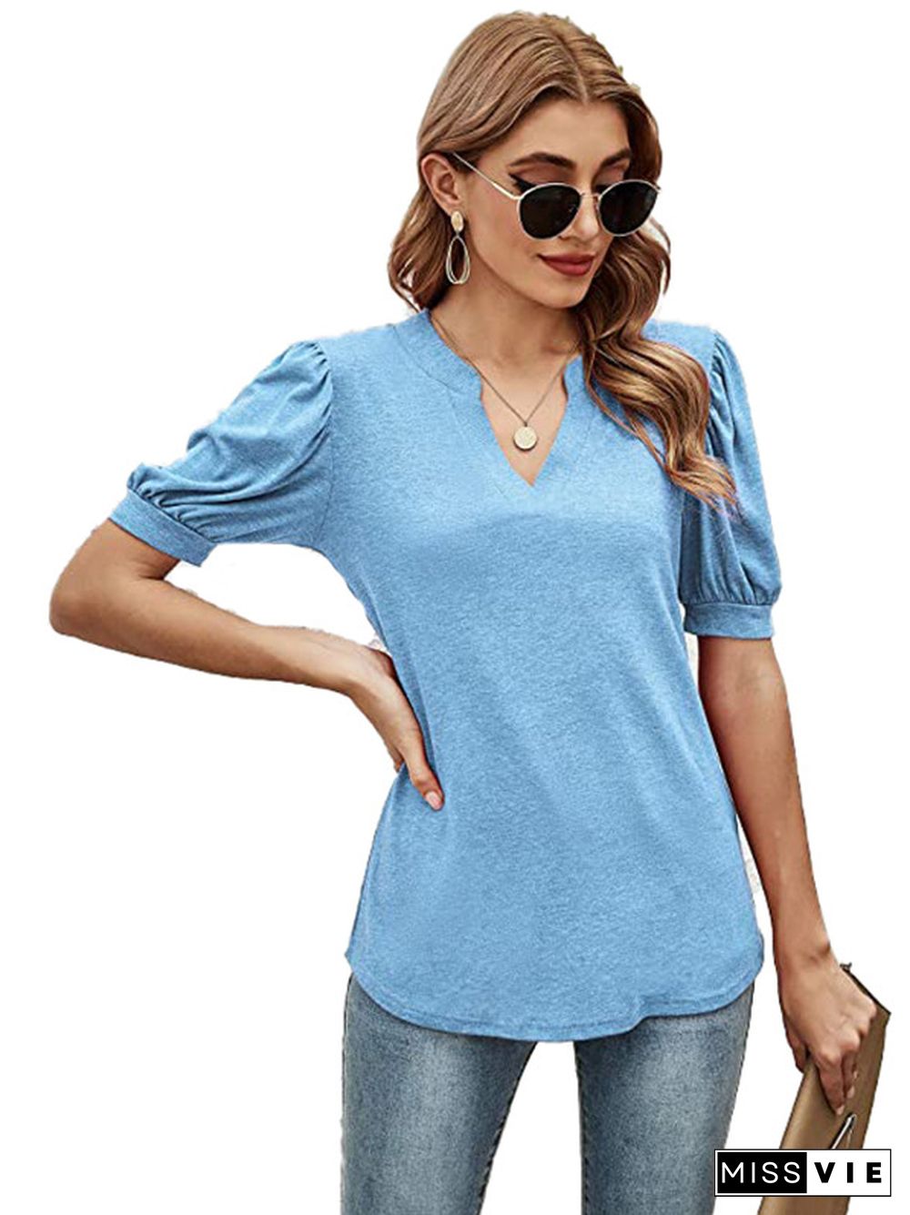 Simple Solid Color V-Neck Puff Sleeves T-Shirt Top