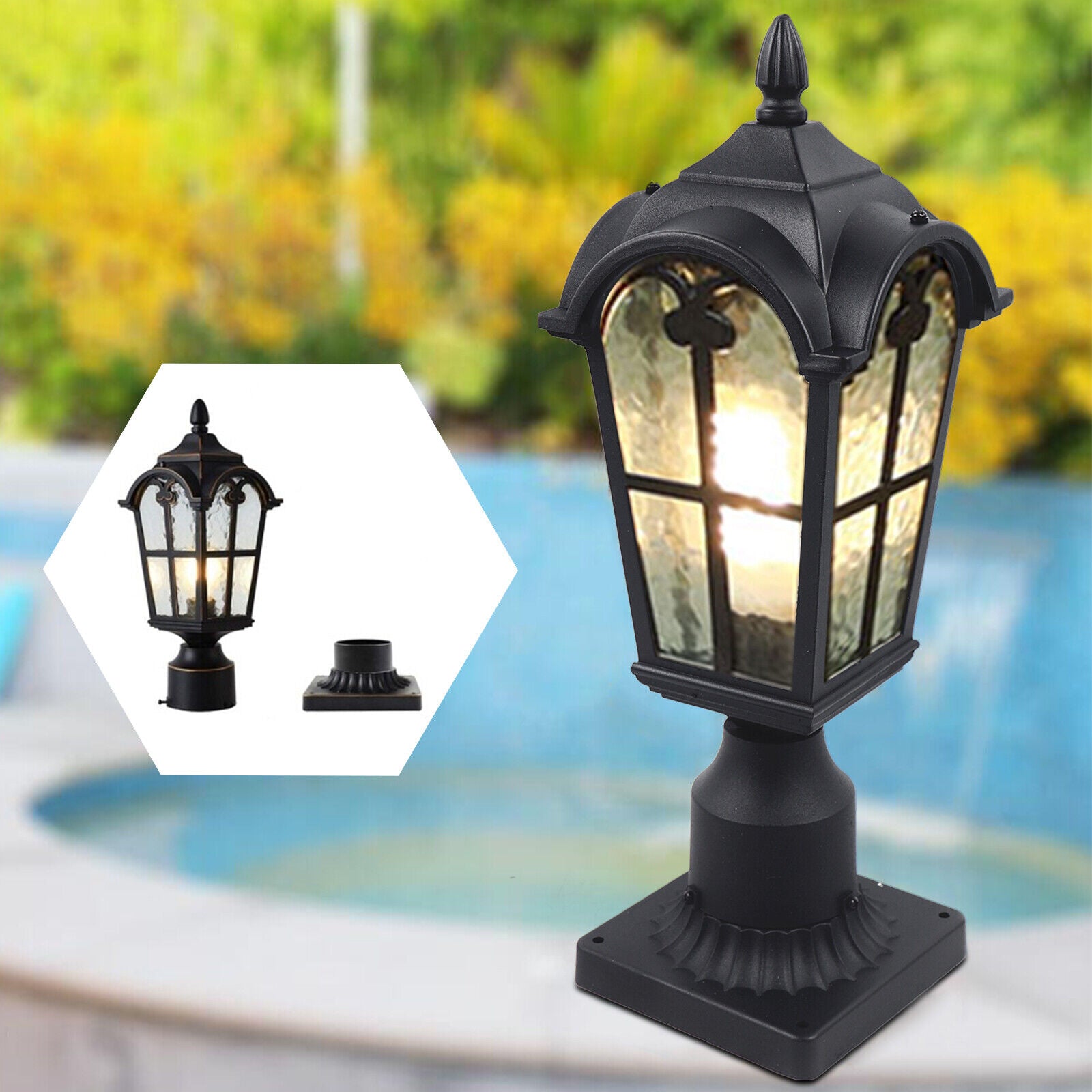 ZhdnBhnos Vintage Post Pole Pillared Light Outdoor Garden Driveway Patio Yard Lantern Lamp Fixture with Pier Waterproof Black