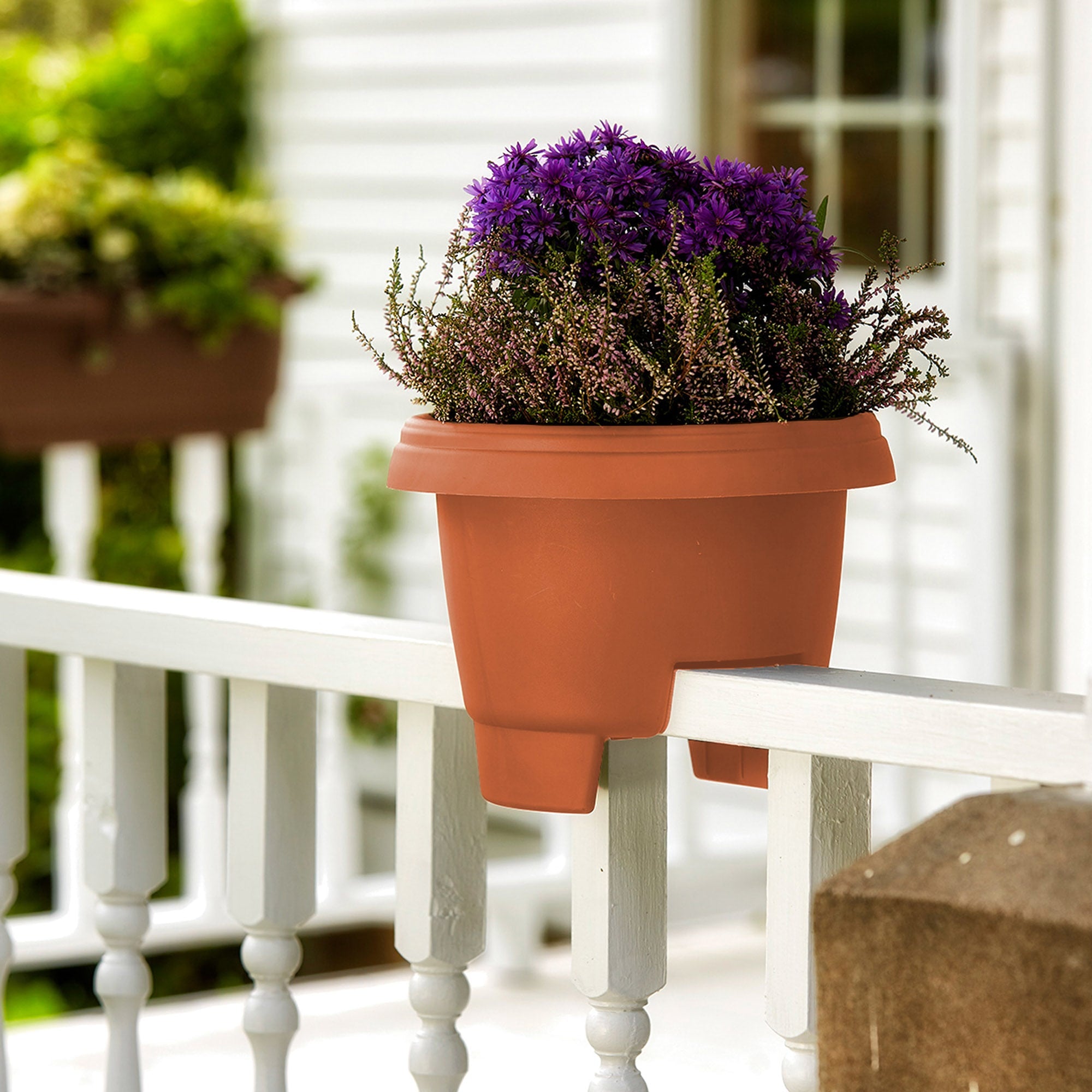 Bloem Modica Deck Rail Round Planter: 12" - Terra Cotta - Matte Finish, Fits Rail Sizes 3"-3.75", Durable Resin Pot, For Indoor and Outdoor Use, Gardening, 2 Gallon Capacity