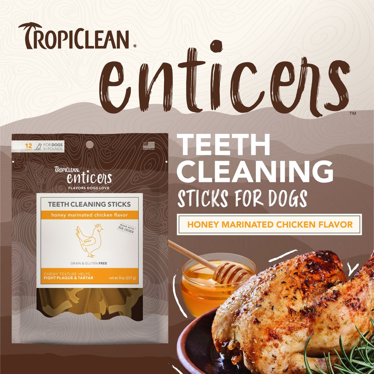 TropiClean Enticers Honey Marinated Chicken Flavor Teeth Cleaning Sticks Dog Dental Treat， 12 count