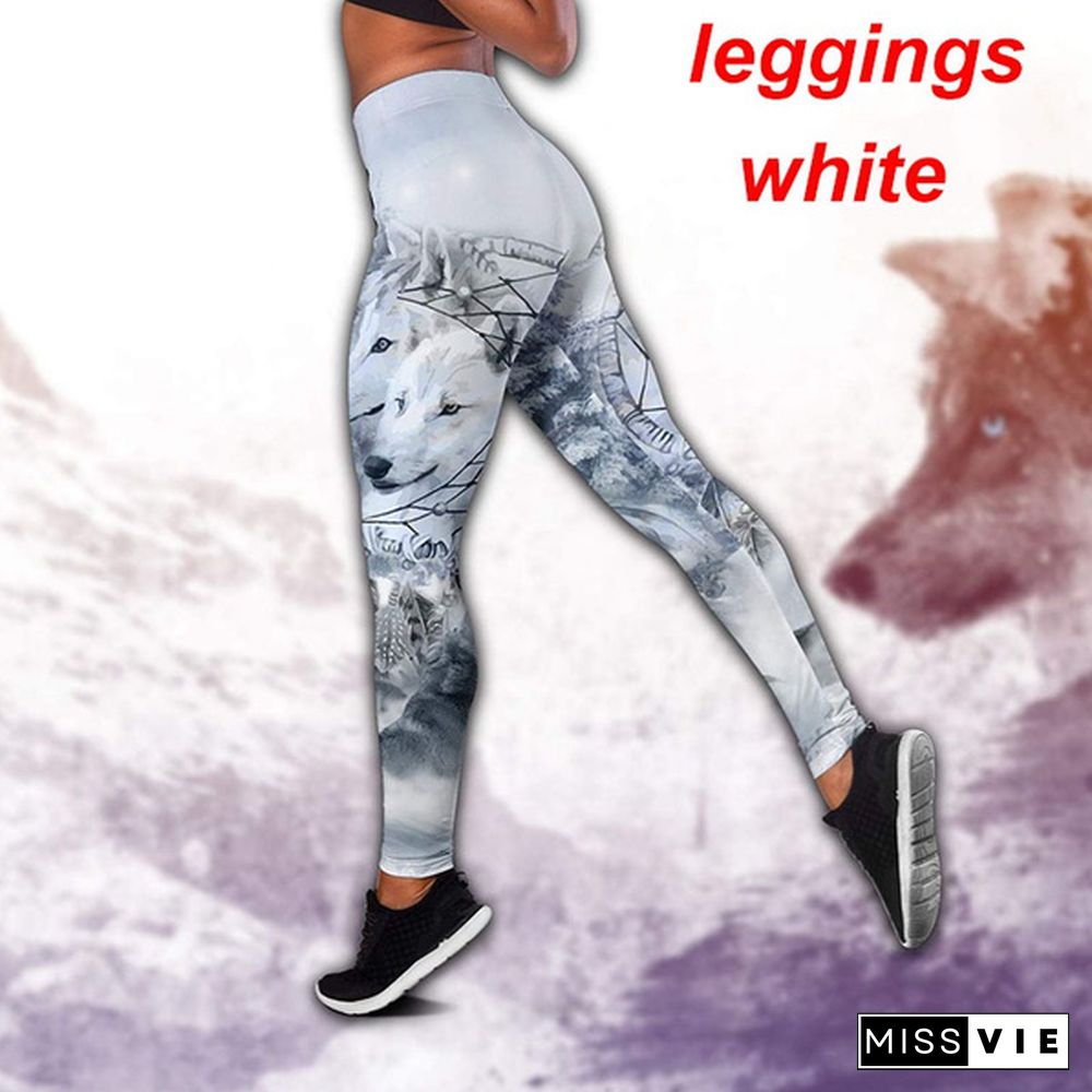 Women Wolf Native American 3D All Over Printed Legging + Hollow Tank Sleeveless Shirt Summer Vest for Women Plus Size Yoga Tank Tops Leggings Suit