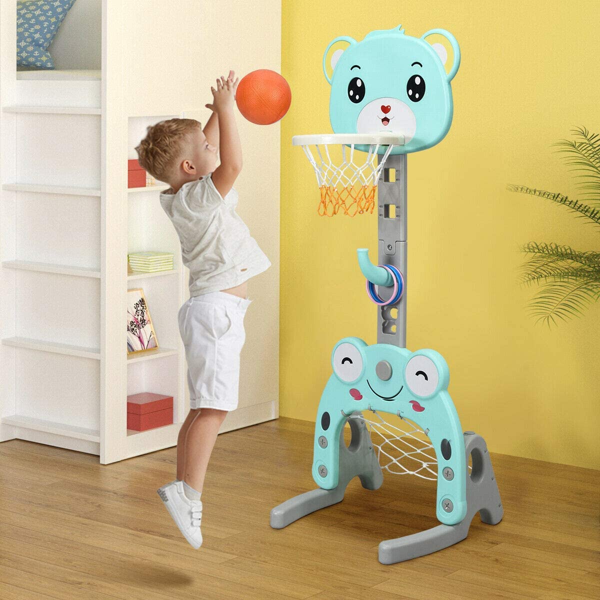 Costzon Basketball Hoop Set Stand, Kids 3-in-1 Sports Activity Center, Adjustable 4.7Ft-5.2Ft, Basketball Stand Set with Darts