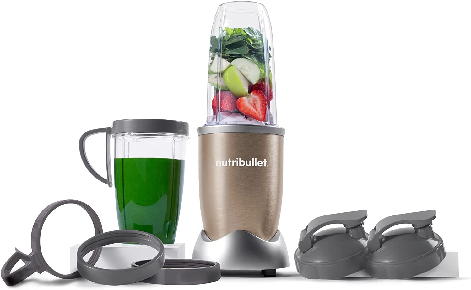 NutriBullet NB9-1301 Pro 13-Piece High-Speed Blender Mixer System with Hardcover Recipe Book Included (900 Watts) Champagne， Standard