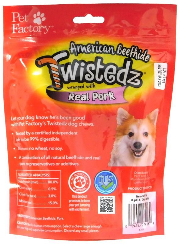 Pet Factory Twistedz 5-inch Beefhide Chip Rolls Pork Flavored Wrap Dog Hard Chews， 8 count