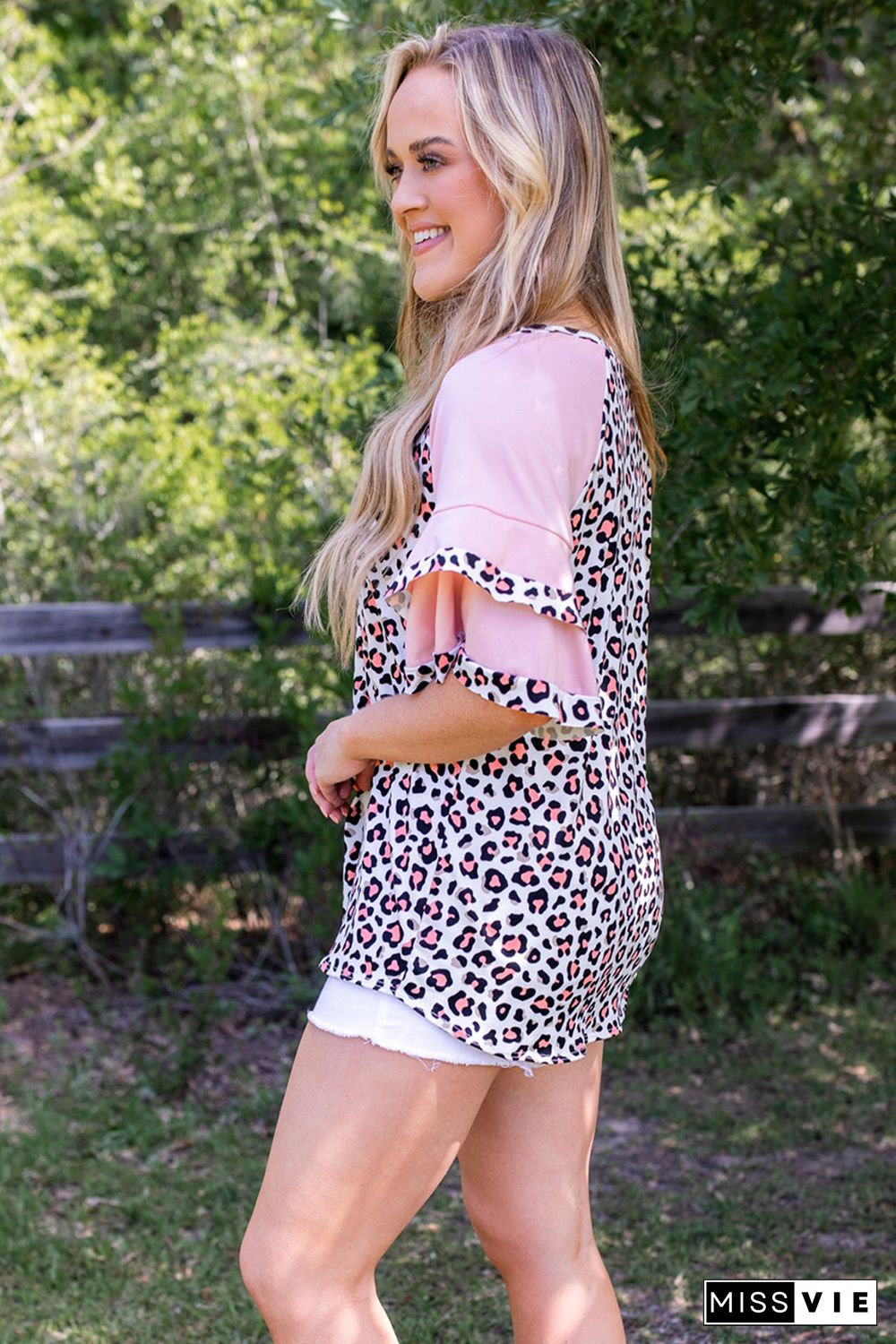 Pink Plus Size Ruffle Raglan Sleeve Leopard Top