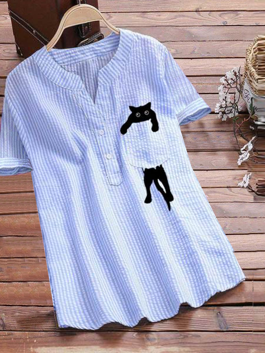 Cat Striped Print Loose Fashion Short Sleeve Blouse