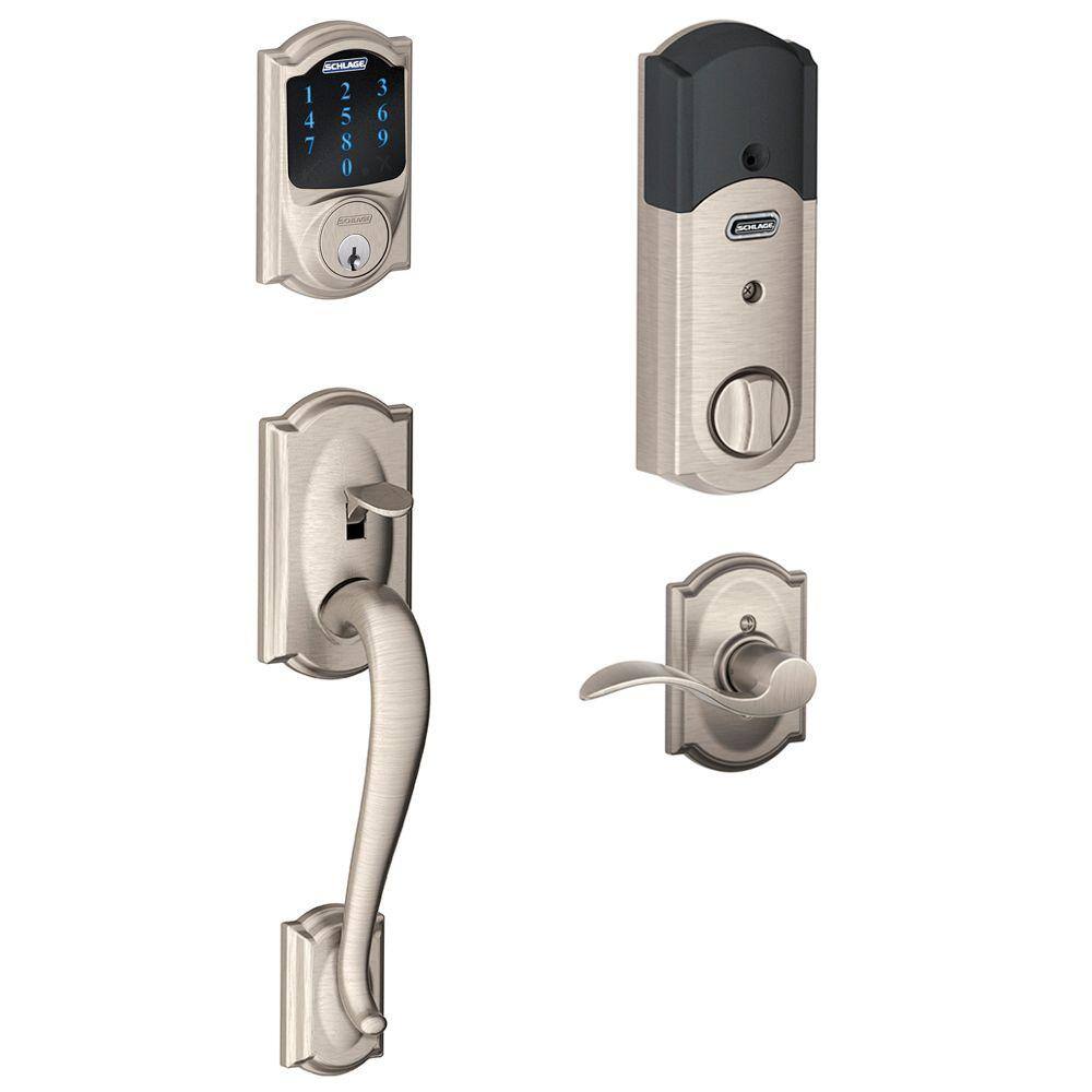 Schlage Camelot Satin Nickel Connect Z-Wave Plus Smart Wifi Deadbolt Door Lock and Accent Handle Handleset with Camelot Trim BE469ZPVCAM619FE285GCAM619ACCCAM