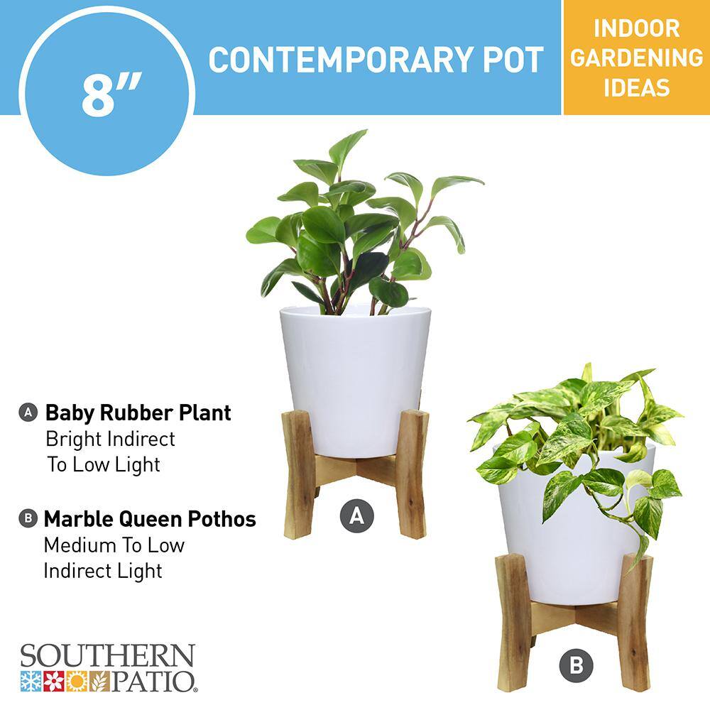 Southern Patio Contemporary Medium 8 in. x 11.02 in. 5 qt. White Ceramic Indoor Planter With Wood Stand CRM-049388