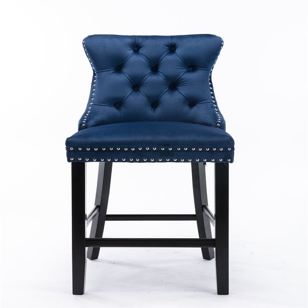 Velvet Upholstered Barstools with Button Tufted Decoration and Wooden Legs