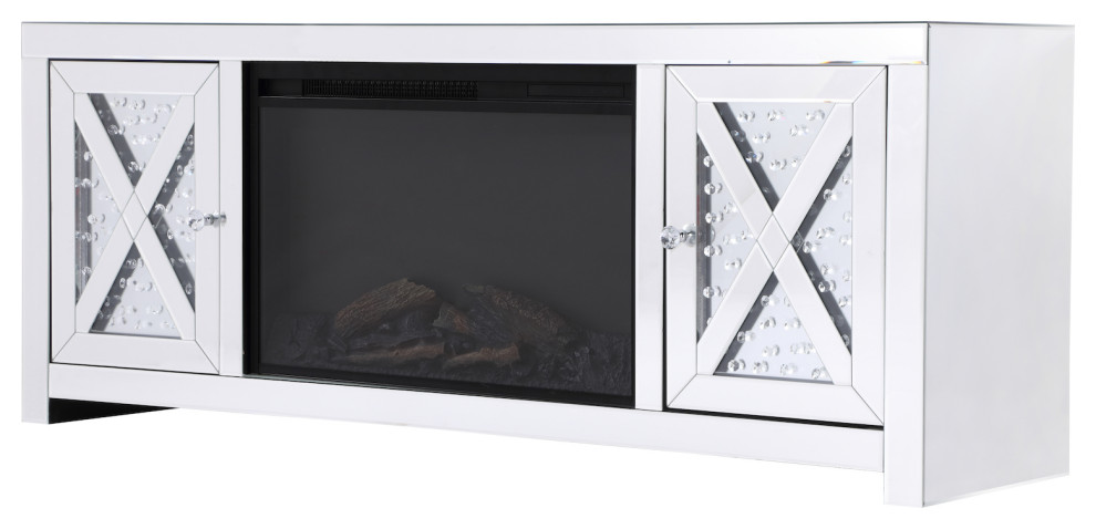 59 In. Crystal Mirrored Tv Stand With Wood Log Insert Fireplace   Contemporary   Entertainment Centers And Tv Stands   by We Got Lites  Houzz