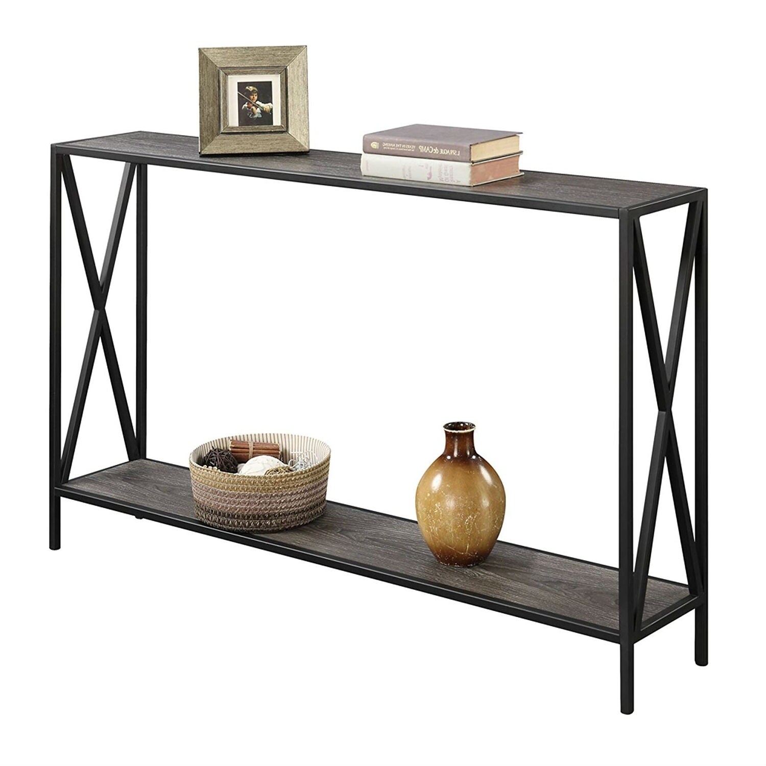 Weathered Grey Wood Console Sofa Table with Bottom Shelf and Metal Frame - 47.2