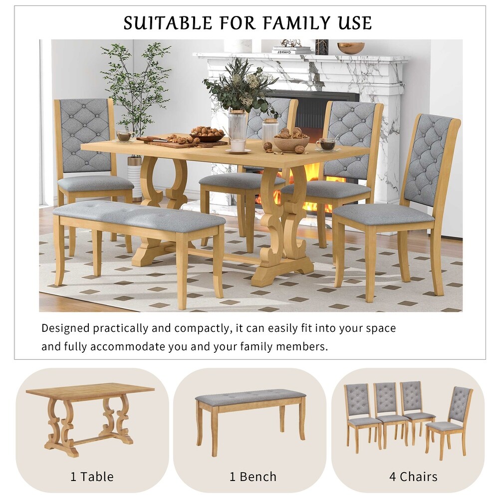 Modern Vintage 6 Piece Dining Set with Rectangular Dining Table and Tufted Dining Chairs   Bench Seating  for Dining Room