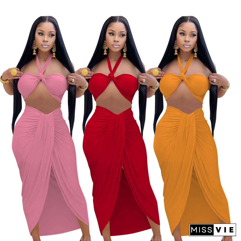 Halter Bra Crop Top Ruched Slit Skirt Two Piece Set