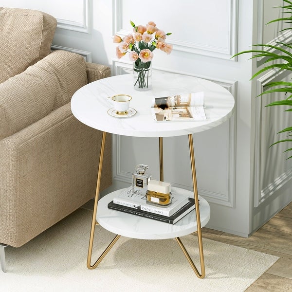 Marble Gold End Table Side Table with Shelves