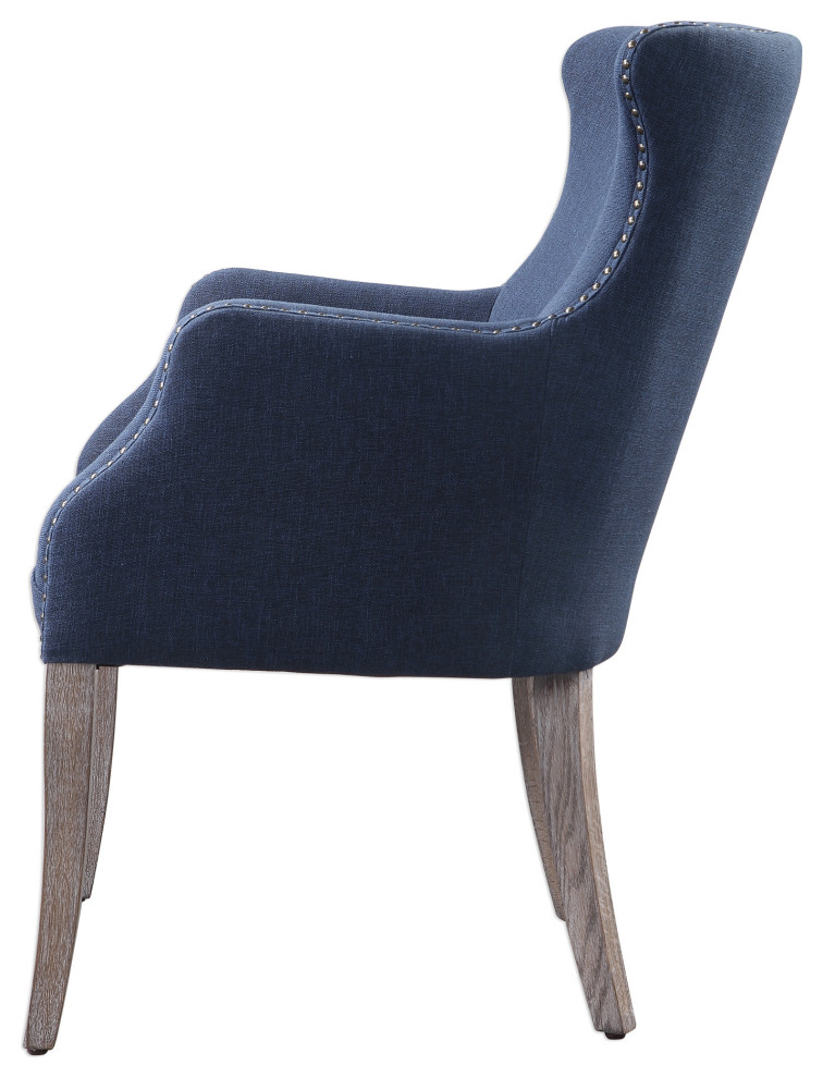 Luxe Dark Blue Denim Fabric Accent Chair Wing Arm Nailhead Trim Casual Bronze   Transitional   Armchairs And Accent Chairs   by My Swanky Home  Houzz