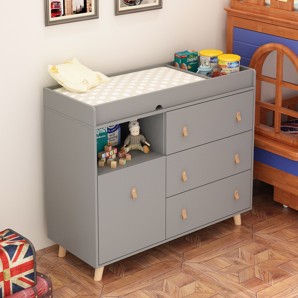 Baby Changing Table Dresser with 4 Drawers Shelf Hidden Trash Storage