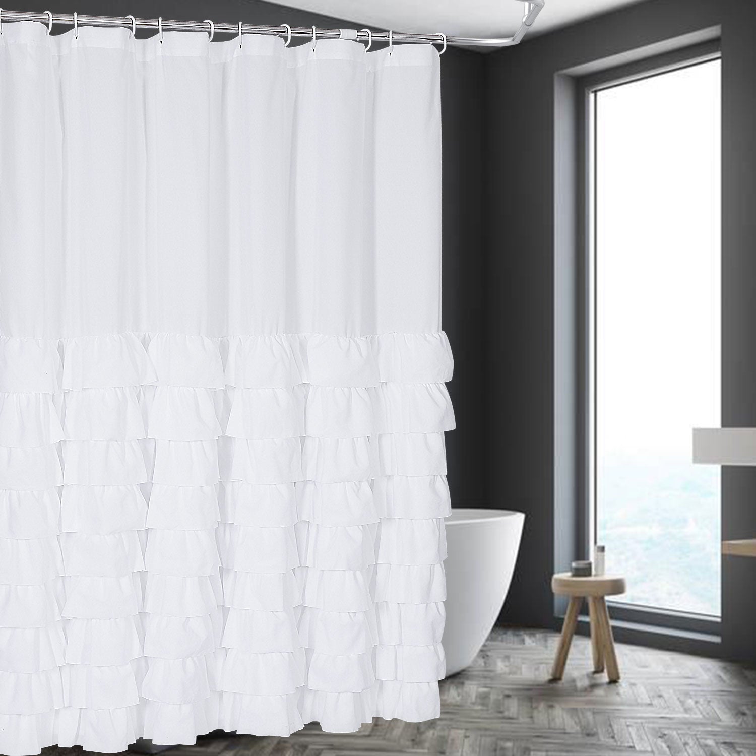 Delicate Microfiber Shower Curtain Handsewn Overlapping Ruffle Bath Curtain 72